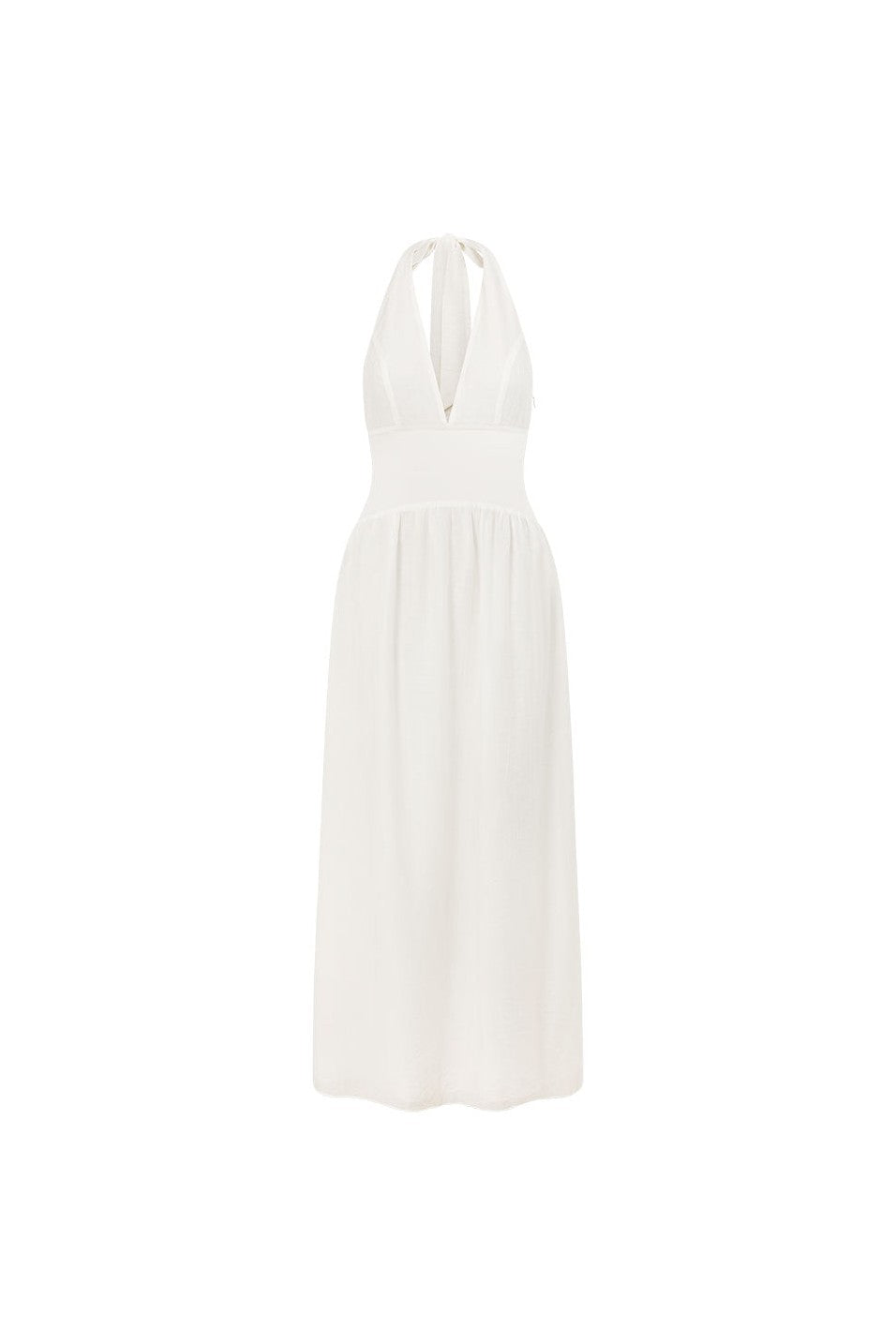 White maxi dress with a halter neckline, side view