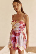Purple mini dress with slim tie straps, front view