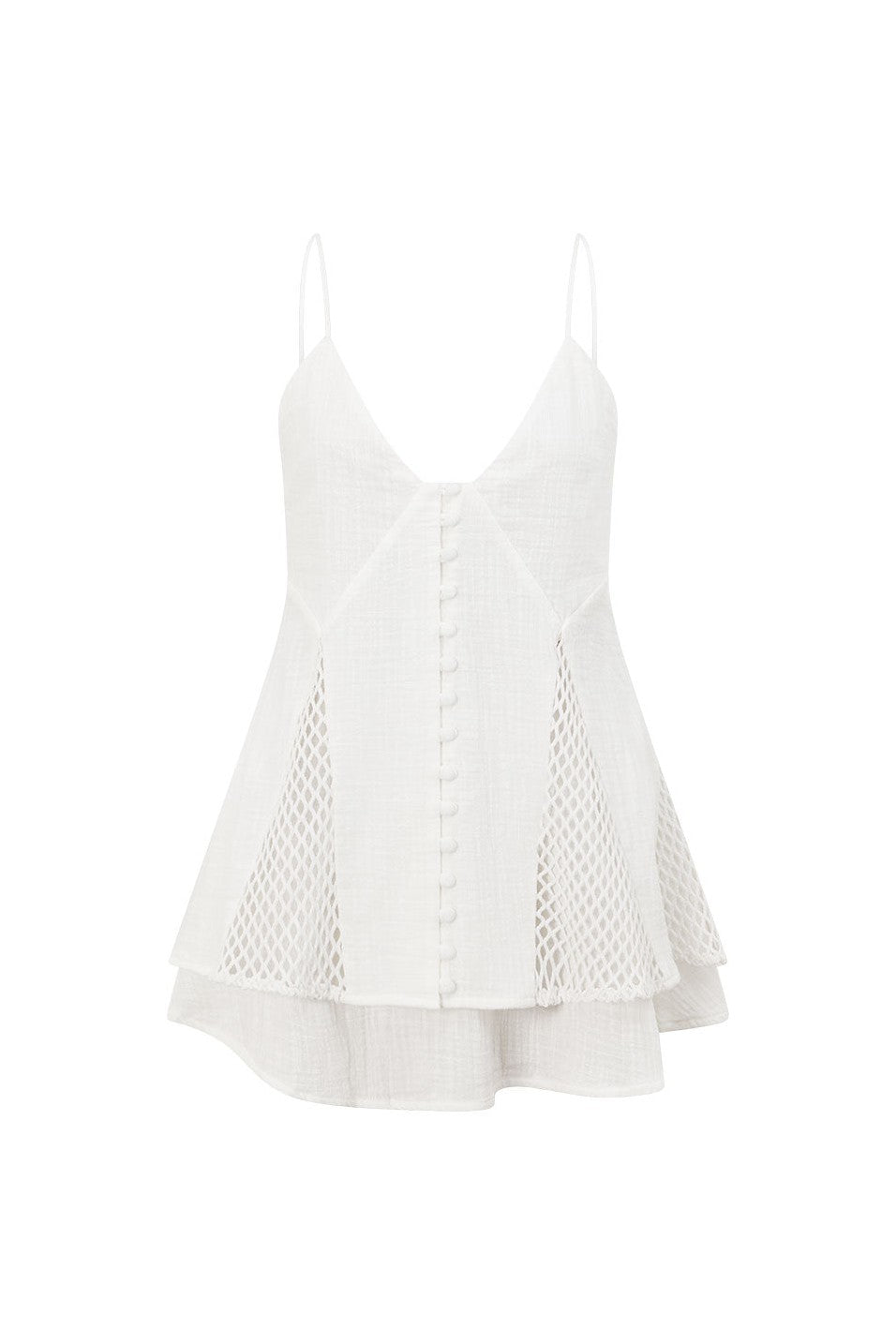 White mini dress with an A-line skirt, side view