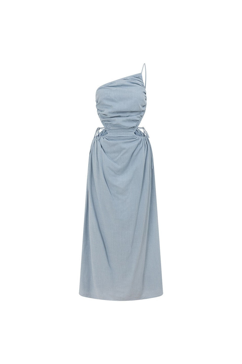 Blue maxi dress with an open back, side view