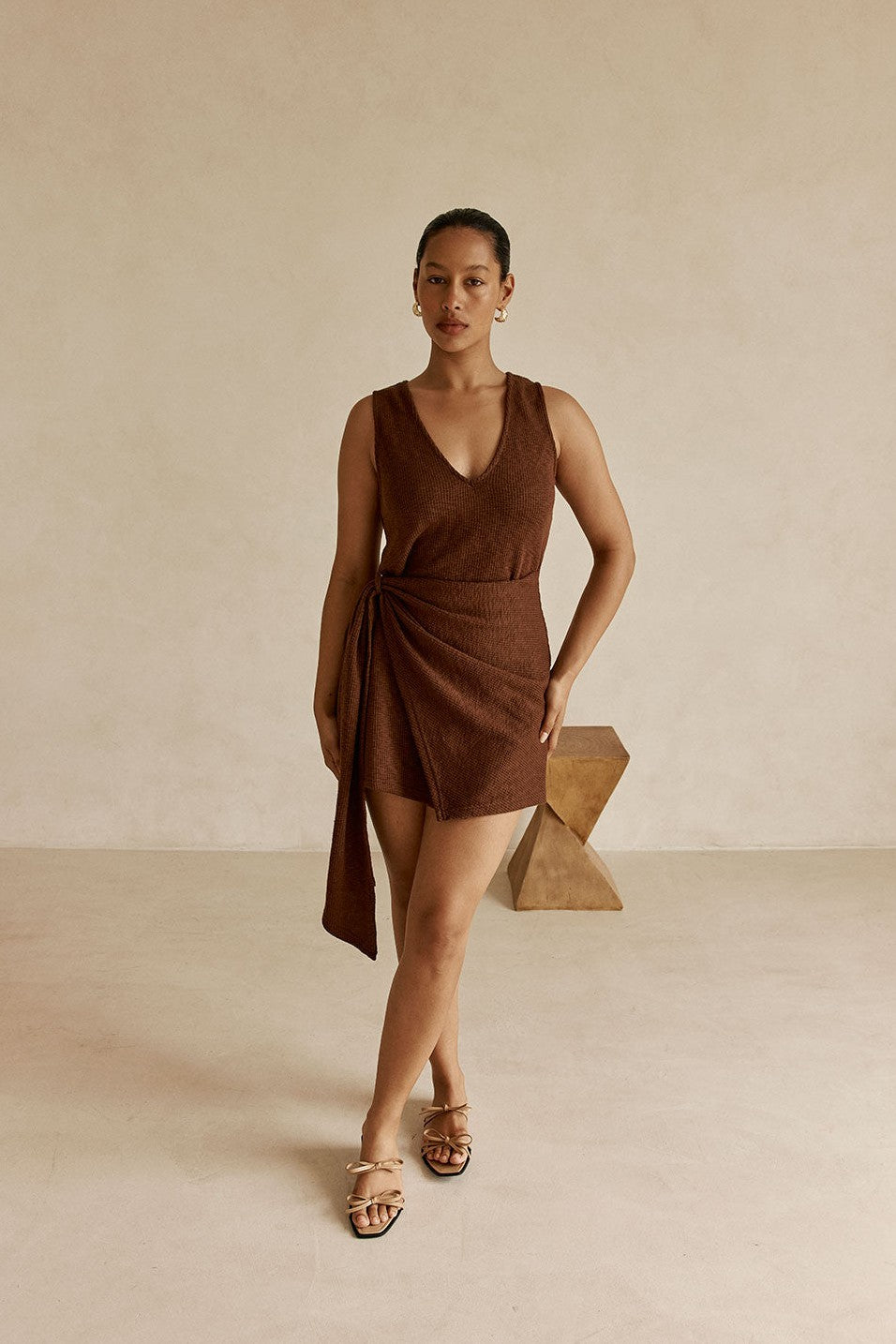 Brown mini dress with a V neckline, back view