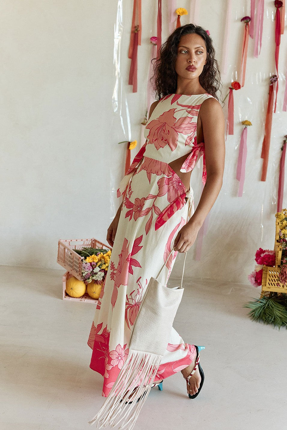 Pink maxi dress with a boat neckline, back view