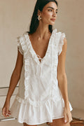White mini dress with a V neckline, front view