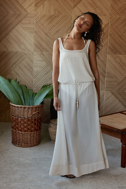 Beige maxi dress with a halter neckline, back view