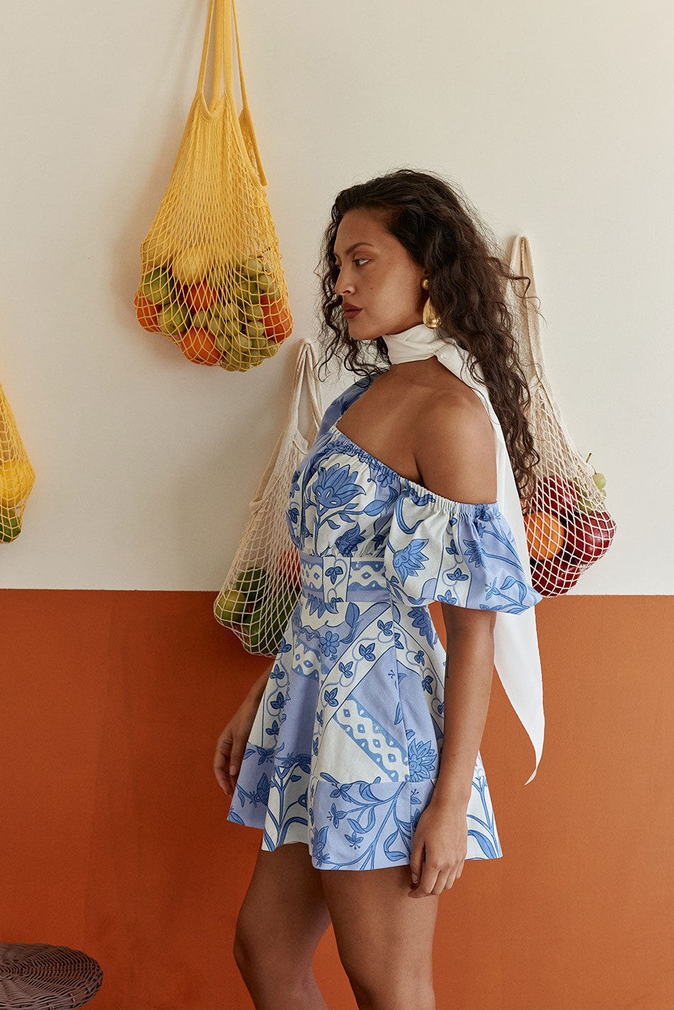 Blue mini dress, styled on model