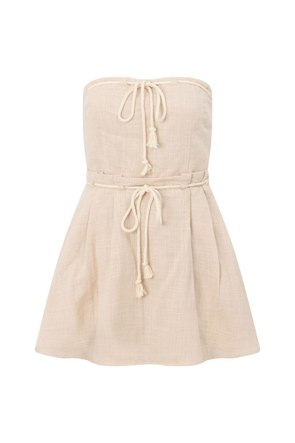 Beige mini dress with a strapless neckline, front view