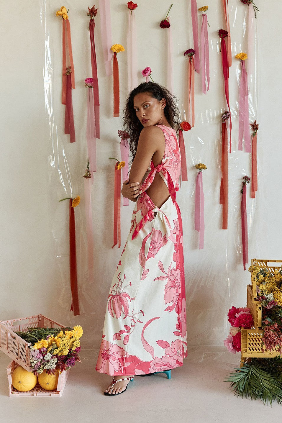 Pink maxi dress with a boat neckline, detail view