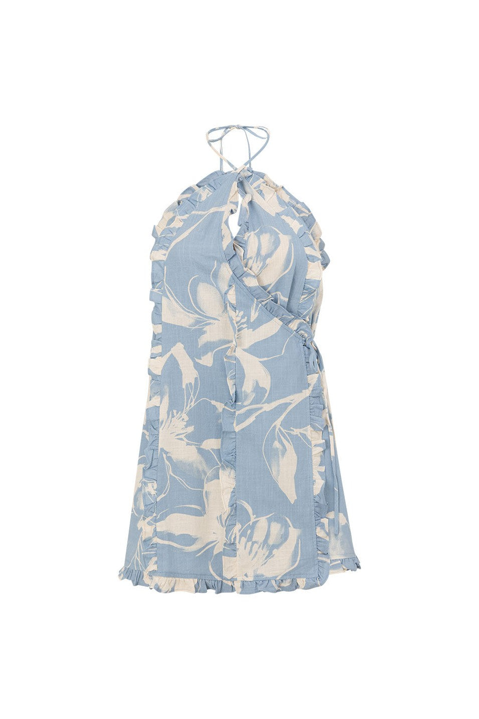 Blue mini dress with a halter neckline, side view