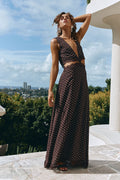 Brown maxi dress with a plunging V neckline, front view