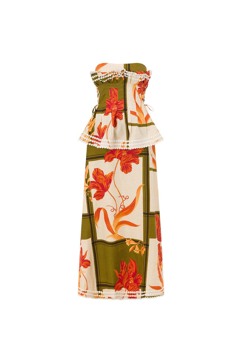 Orange maxi dress with a strapless neckline, front view