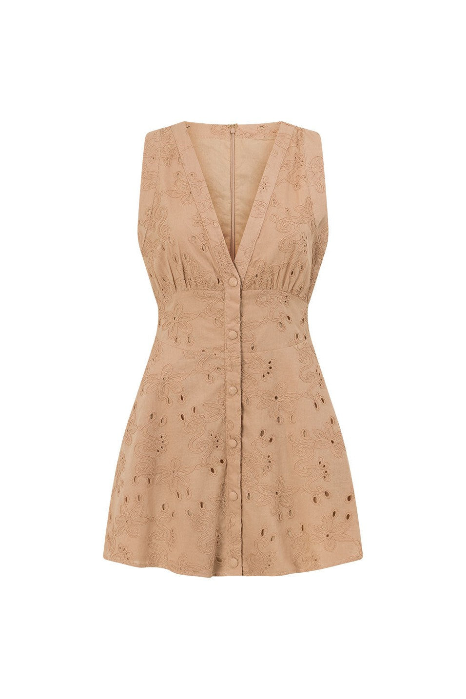Cream mini dress with a plunging V neckline, front view