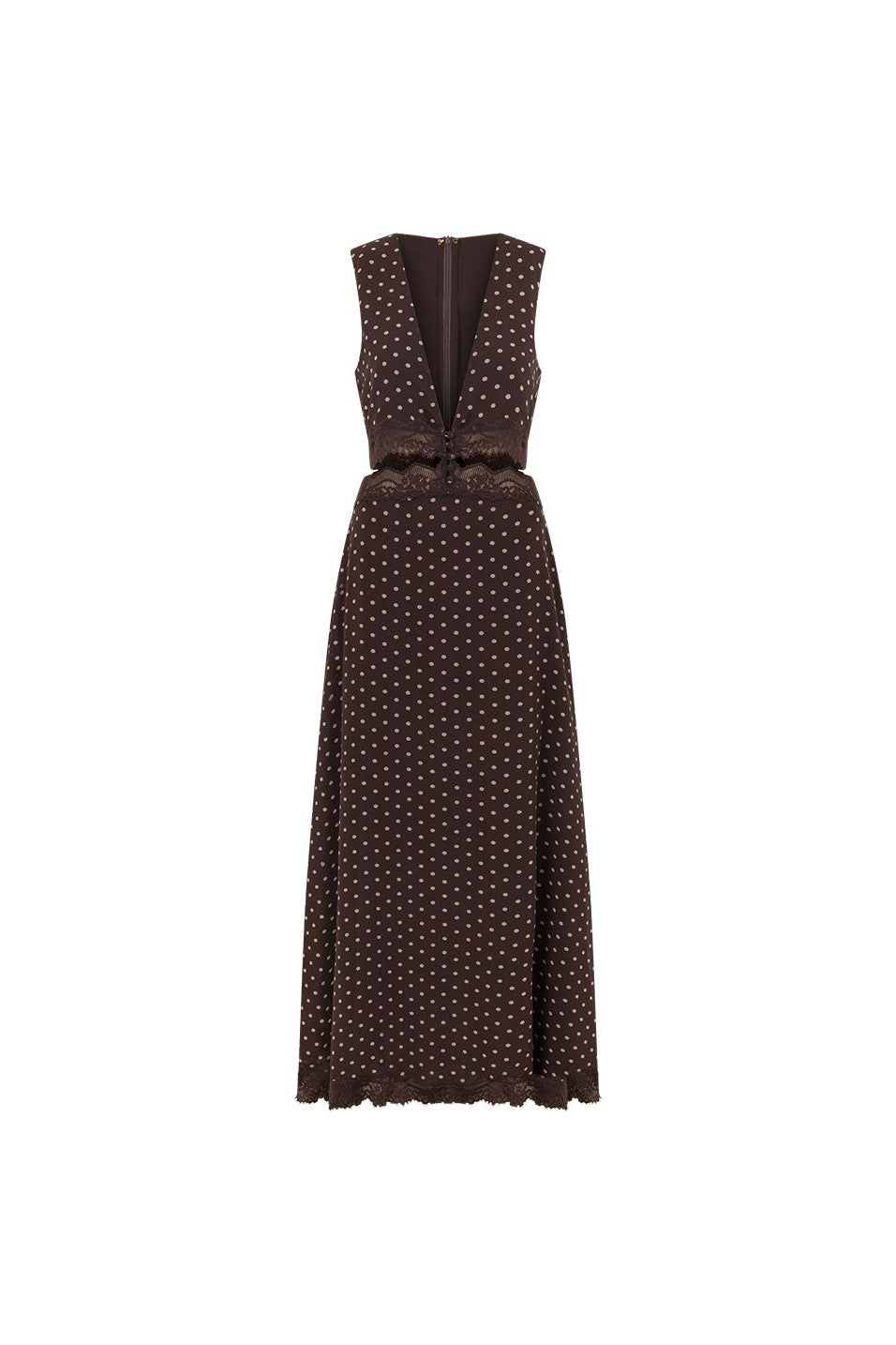 Brown maxi dress with a plunging V neckline, front view