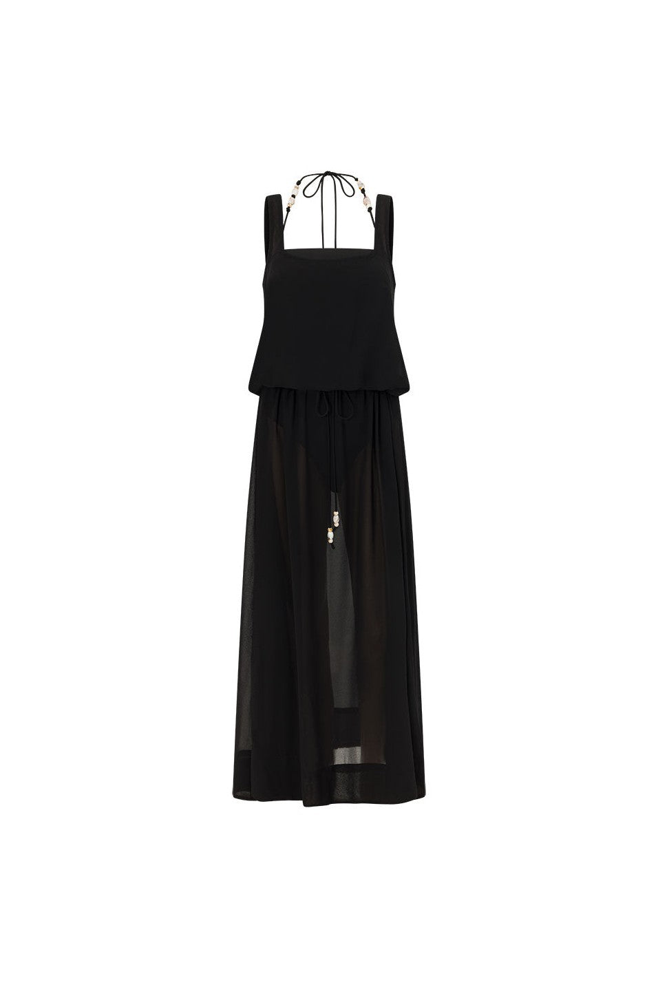 Black maxi dress with a halter neckline, styled on model