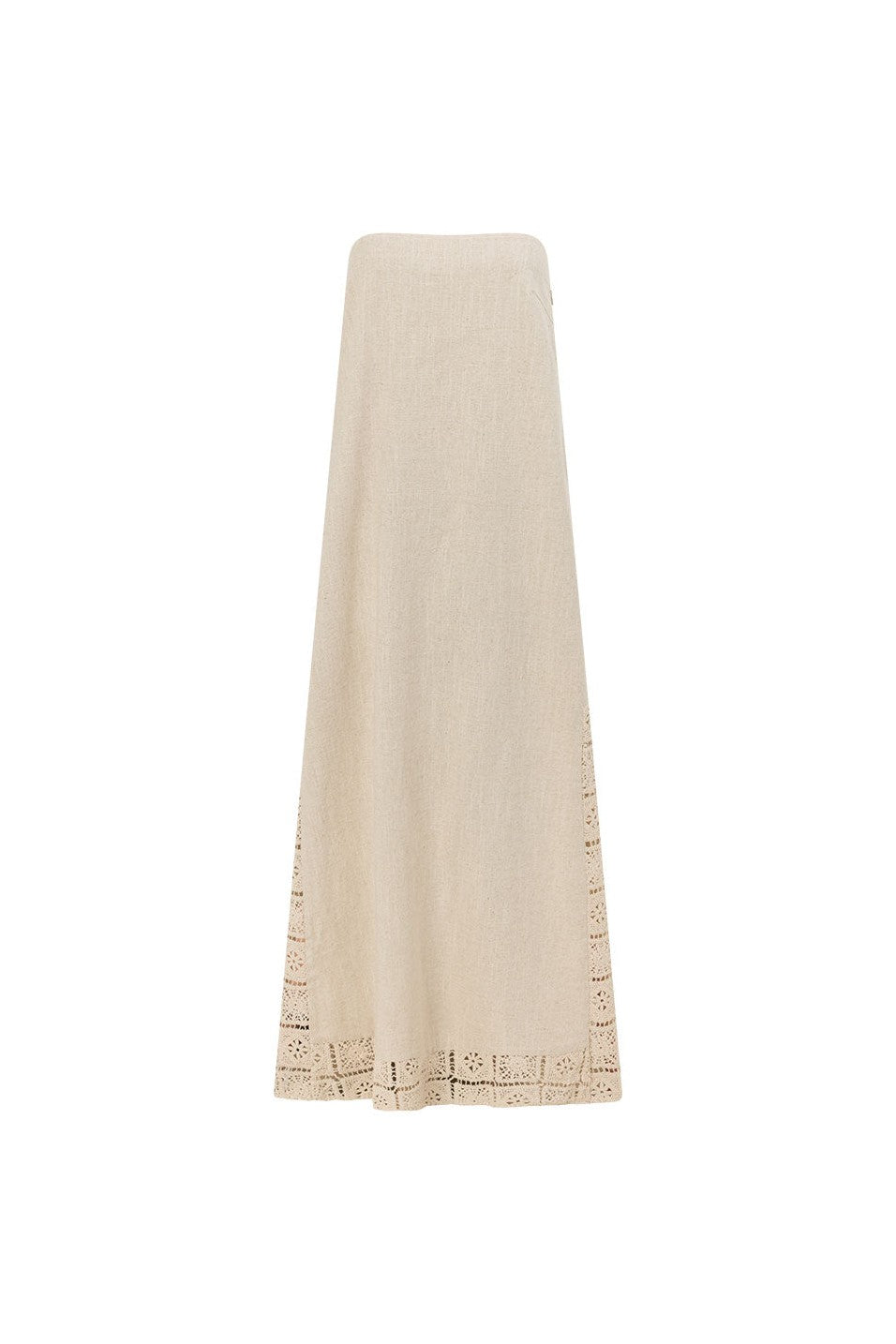 Beige maxi dress with a strapless neckline, front view