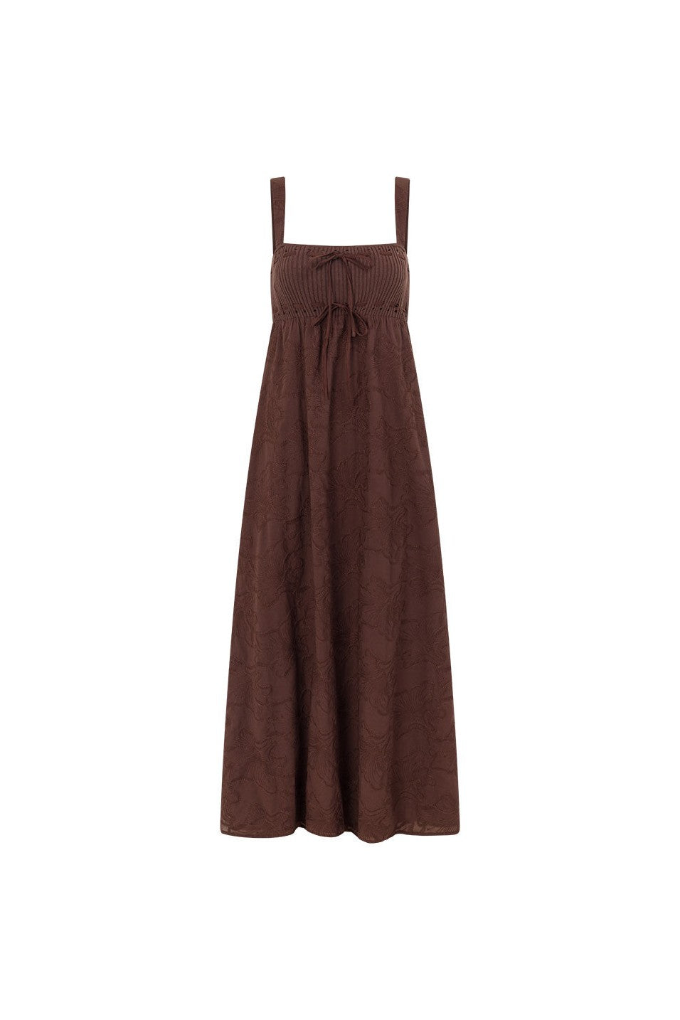 Brown maxi dress with an A-line skirt, back view