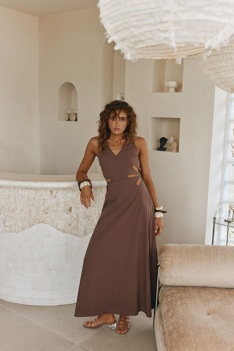 Brown maxi dress with a V neckline, front view
