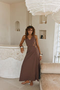 Brown maxi dress with a V neckline, front view