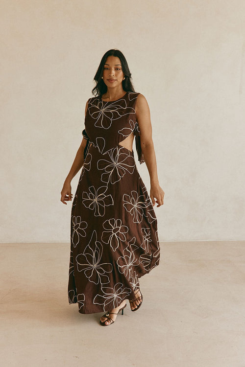 Brown maxi dress with an A-line skirt, back view