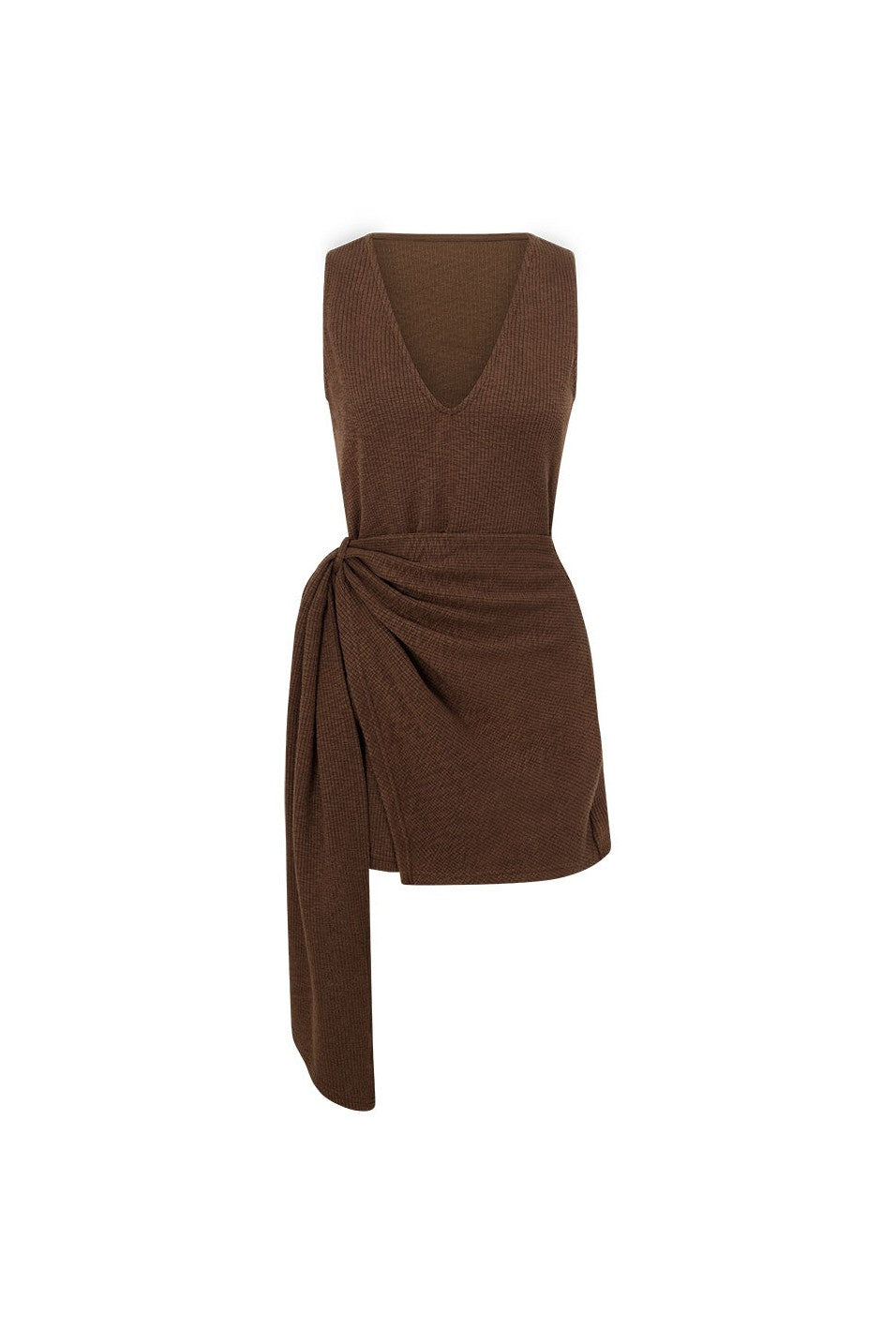 Brown mini dress with a V neckline, side view