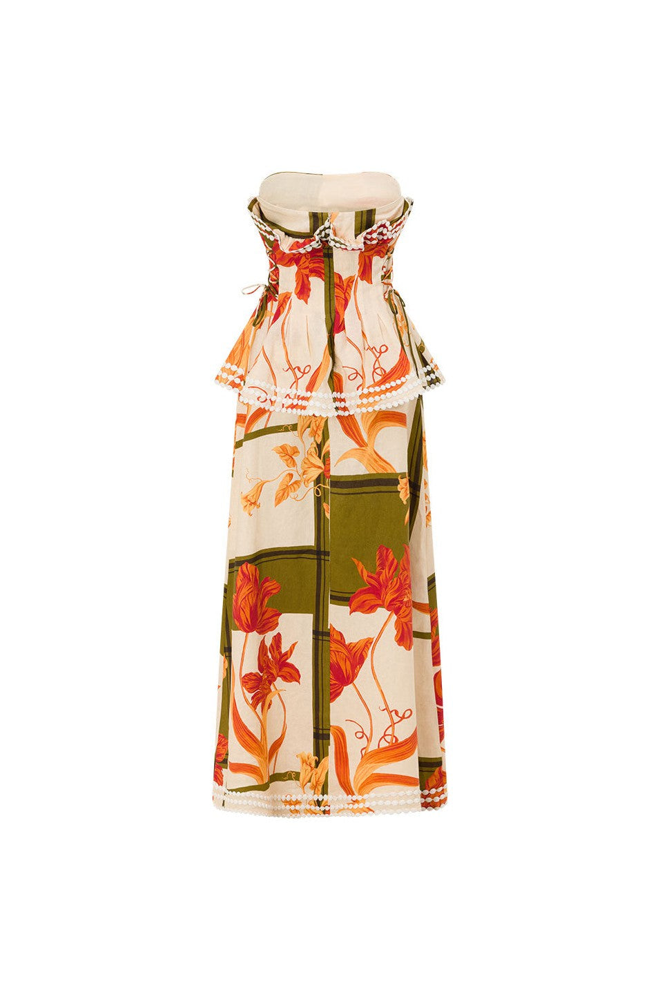Orange maxi dress with a strapless neckline, back view