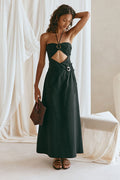Black maxi dress with a strapless neckline, front view