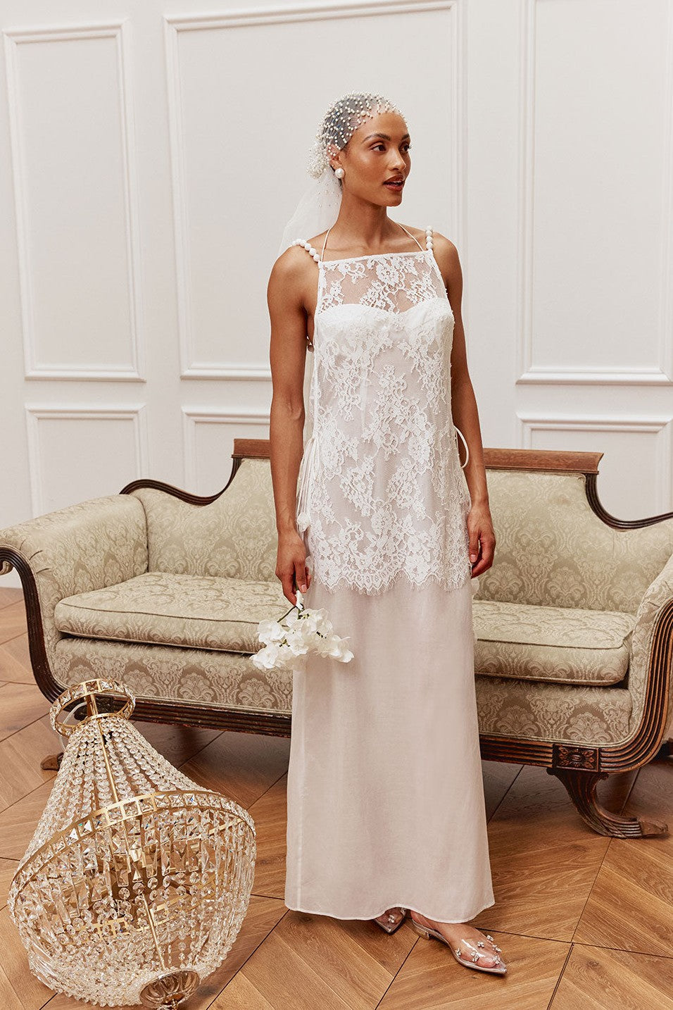 White maxi dress with a halter neckline, detail view