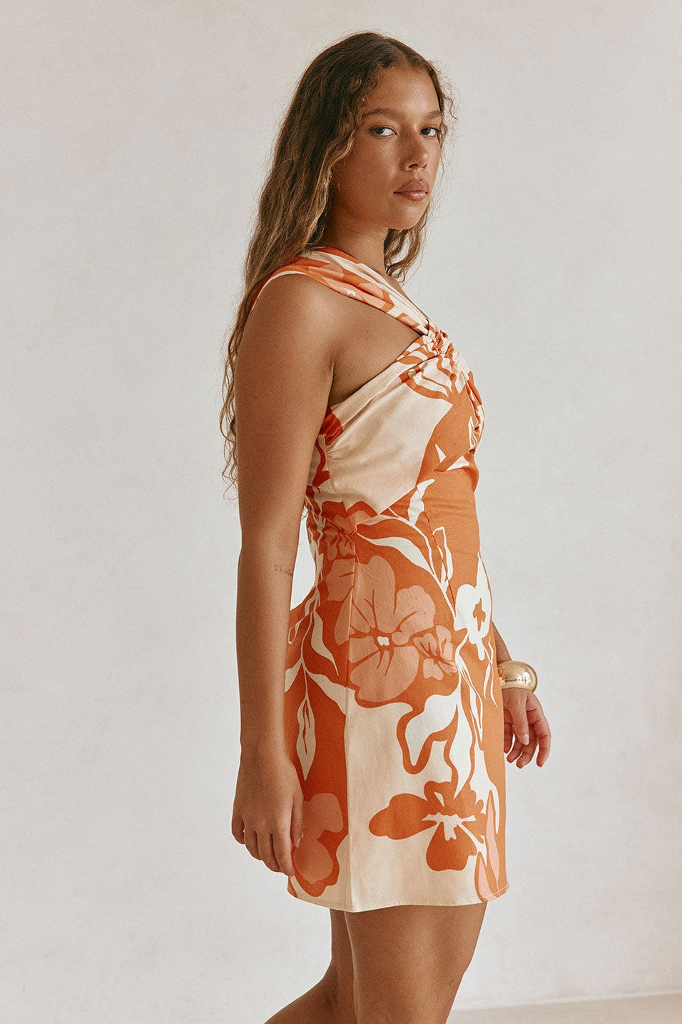Orange mini dress, back view