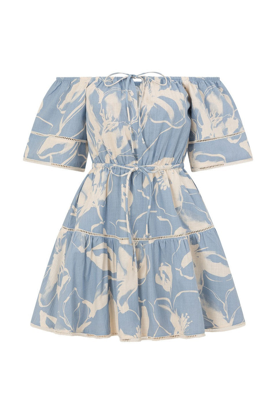 Blue mini dress with a drawstring waist, front view