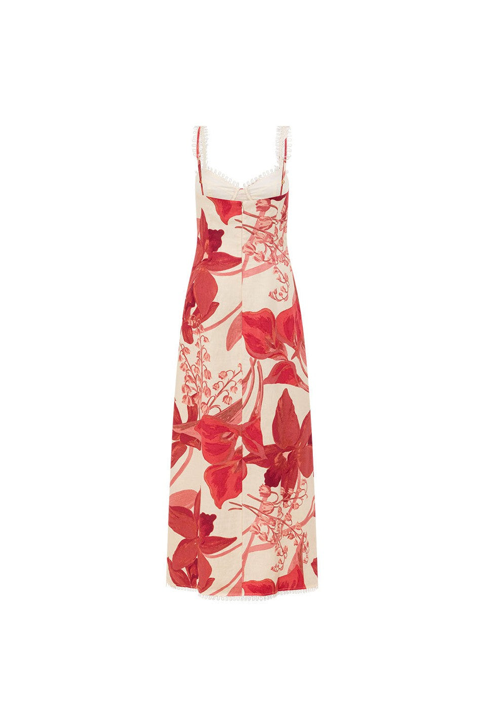 Red maxi dress with a side split, back view