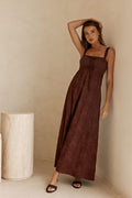 Brown maxi dress with an A-line skirt, front view