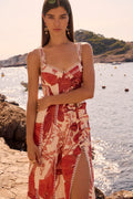 Red maxi dress with a side split, front view