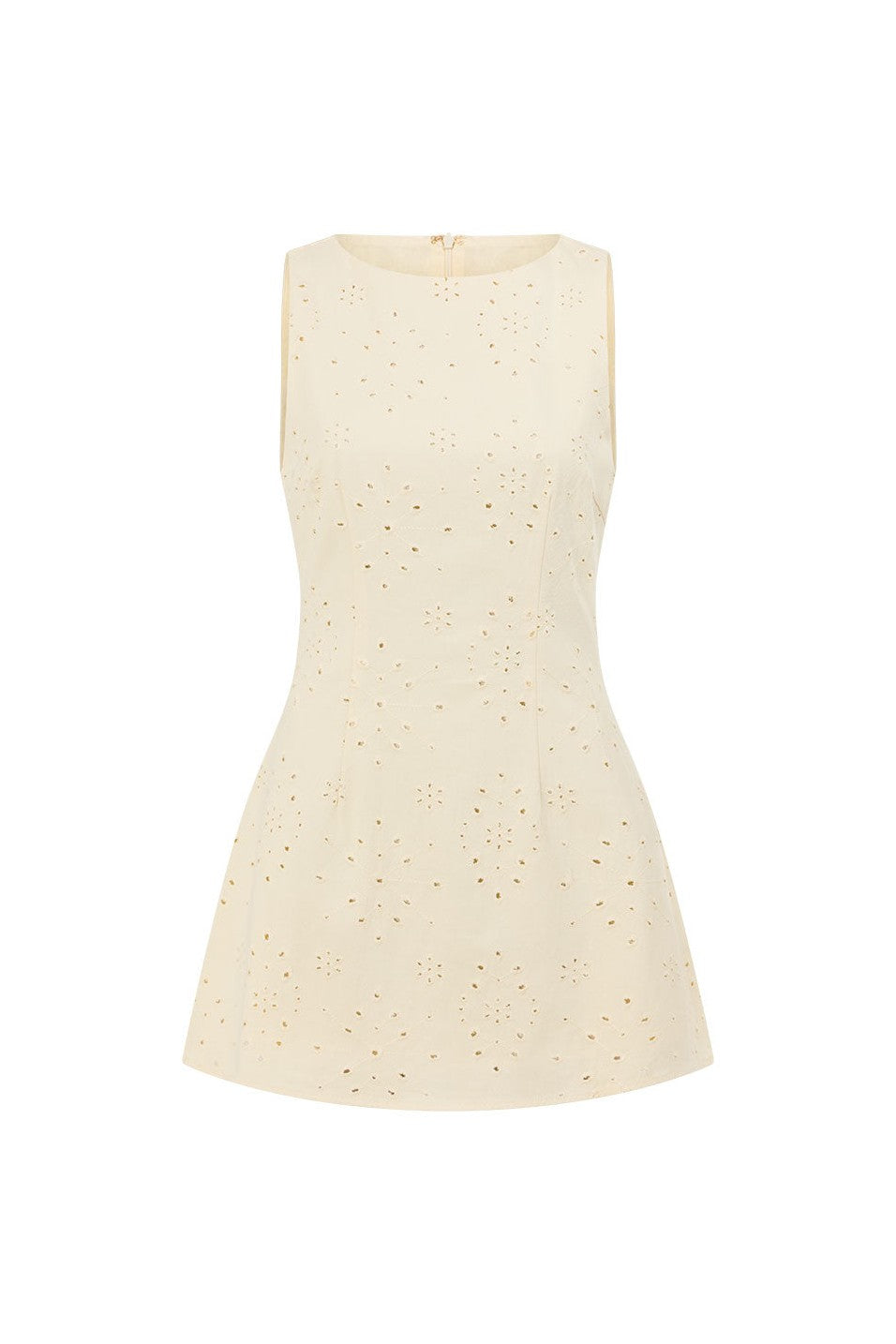 Cream mini dress with an A-line skirt, back view