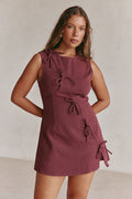 Red mini dress with an A-line skirt, front view