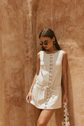 Beige mini dress with an A-line skirt, front view