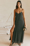 Black maxi dress with a V neckline, front view