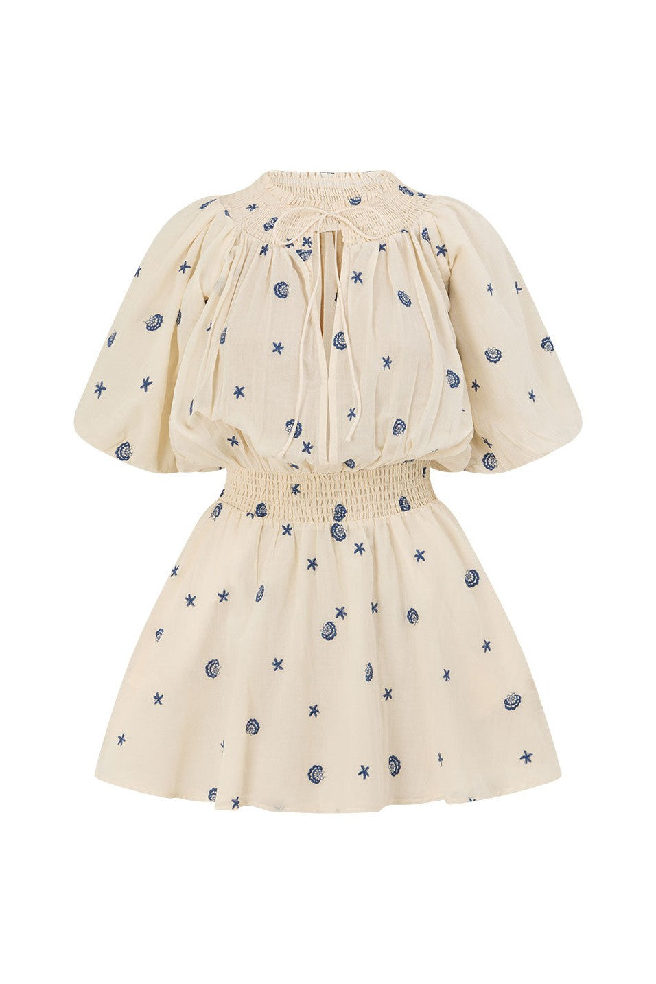 Cream mini dress with shirred detailing, back view