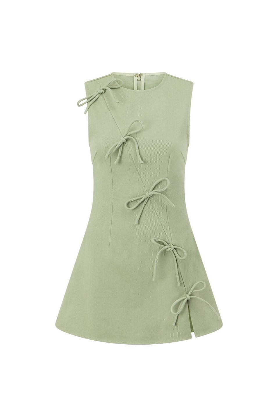 Green mini dress with an A-line skirt, side view