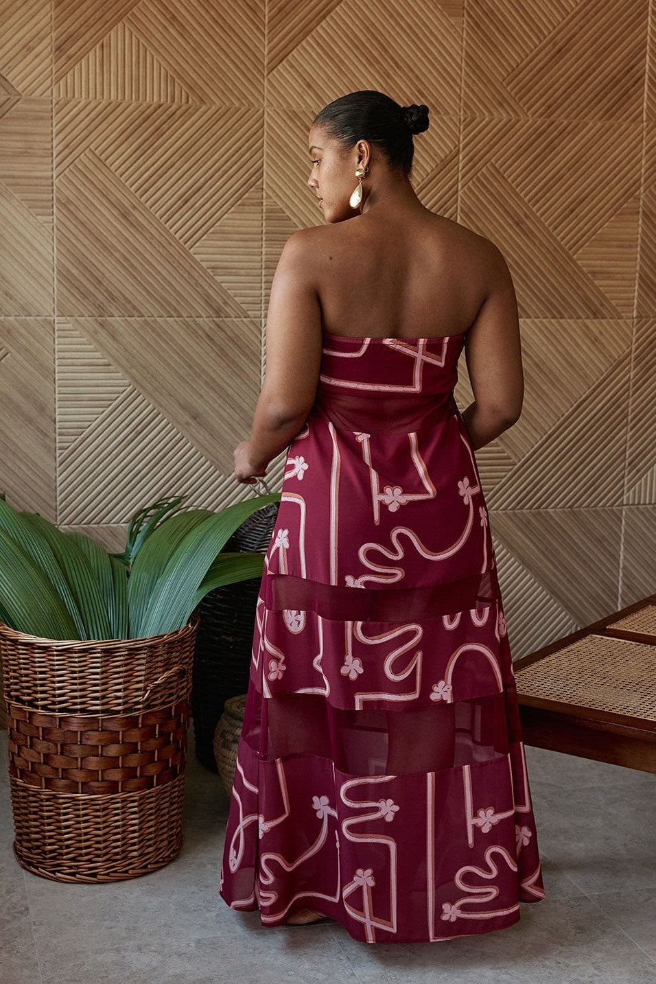 Pink maxi dress with a strapless neckline, front view