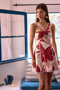 Red mini dress with a sweetheart neckline, front view