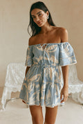 Blue mini dress with a drawstring waist, front view