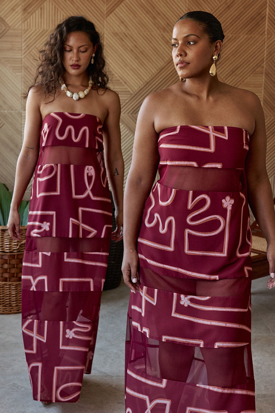 Pink maxi dress with a strapless neckline, detail view