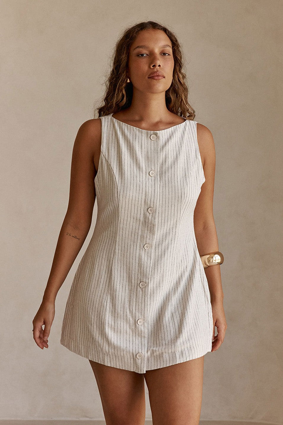 Beige mini dress, front view