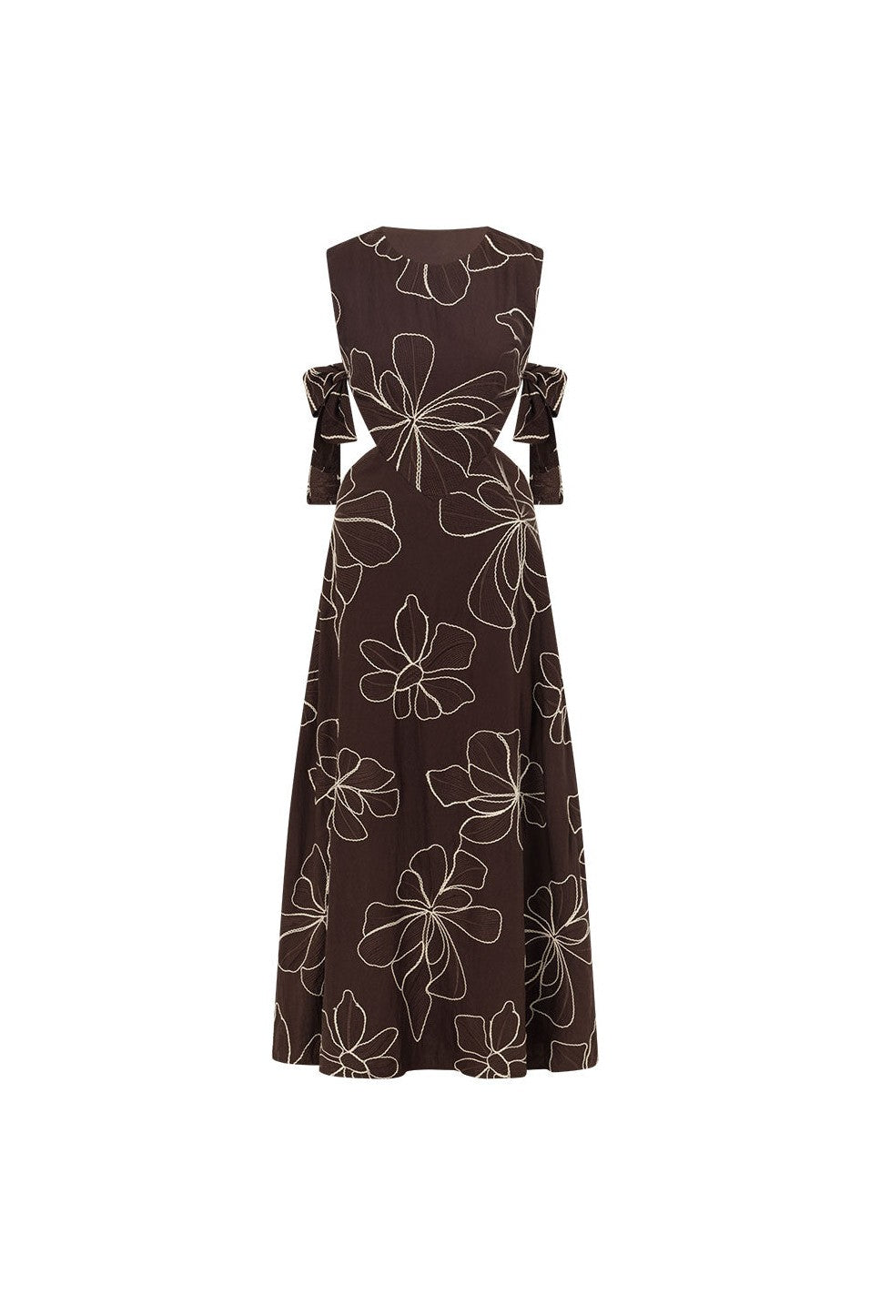 Brown maxi dress with an A-line skirt, back view
