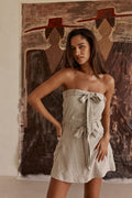 Grey mini dress with a strapless neckline, front view