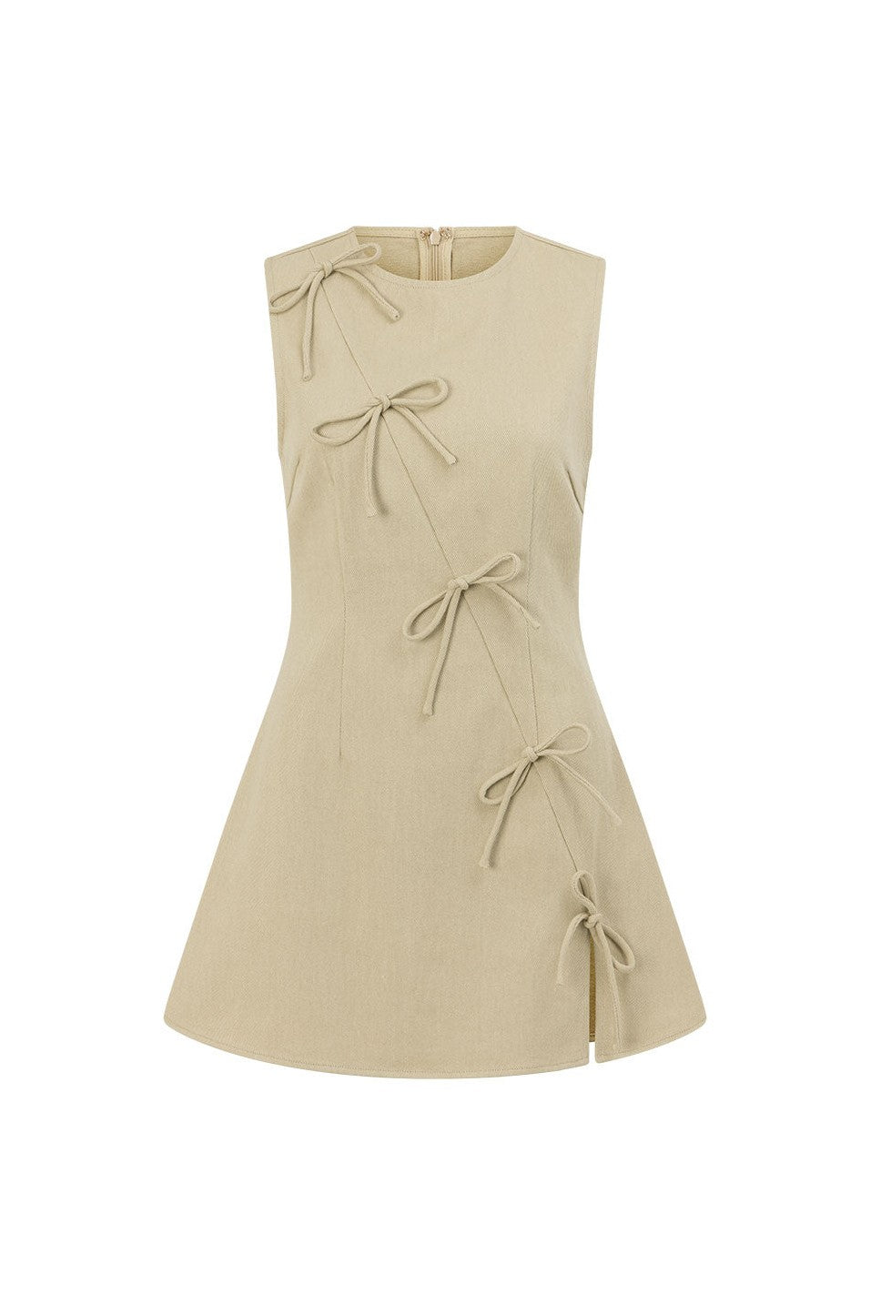 Green mini dress with an A-line skirt, detail view