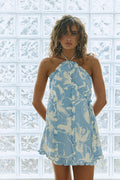 Blue mini dress with a halter neckline, front view