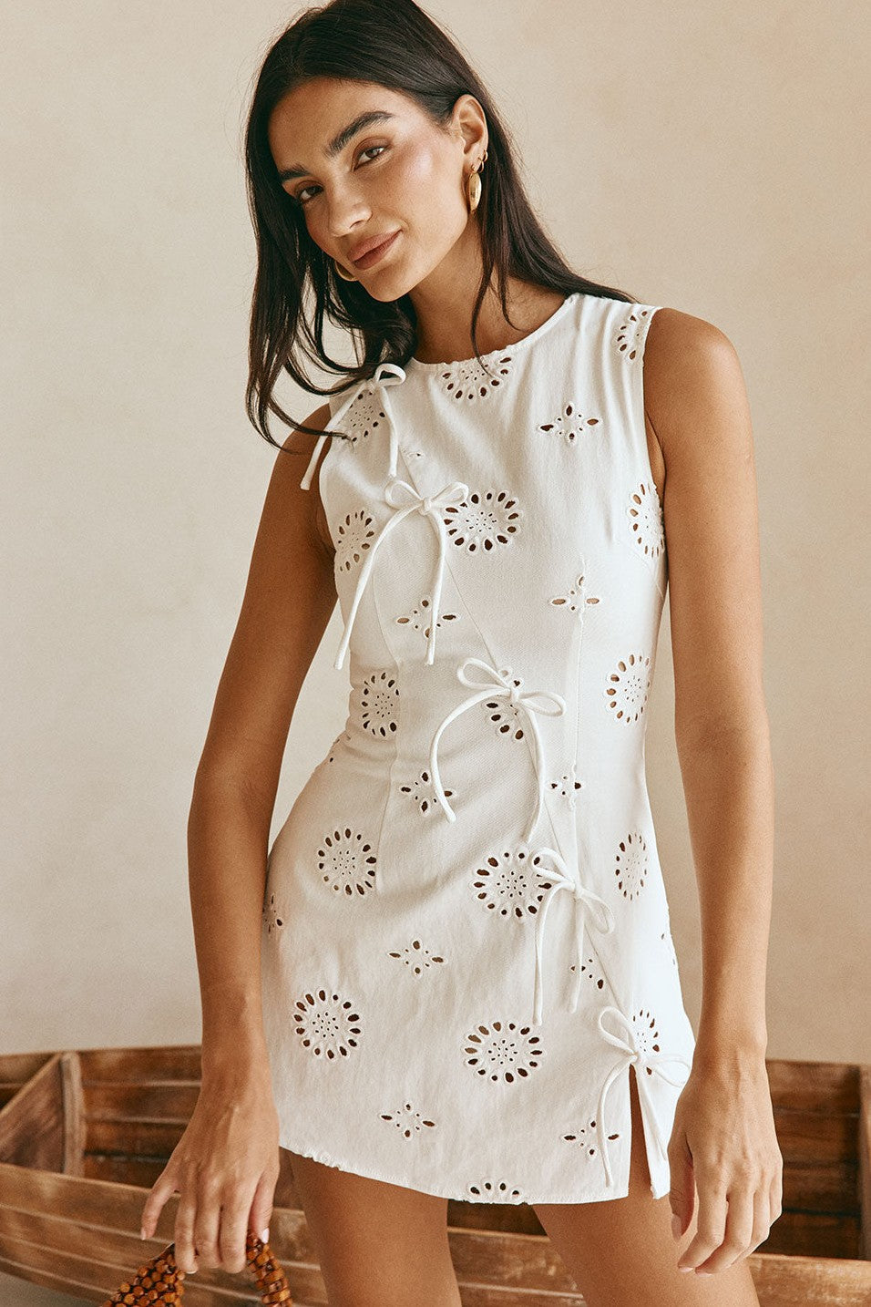 White mini dress with an A-line skirt, front view