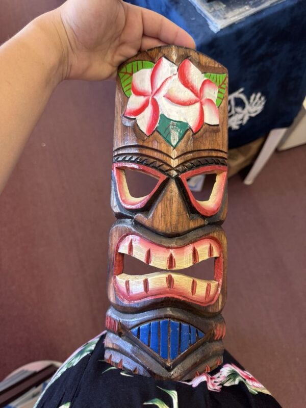 Hand-Carved Hawaiian Tiki Totem Mask with Plumeria - Tropical Bar Decor & Wall Art